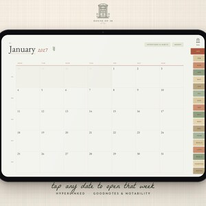 May include: A digital planner displayed on a tablet screen showing a January 2027 calendar grid. The interface features a sidebar with colored tabs for months and sections, with the text House of 18 at the top and tap any date to open that week at the bottom.