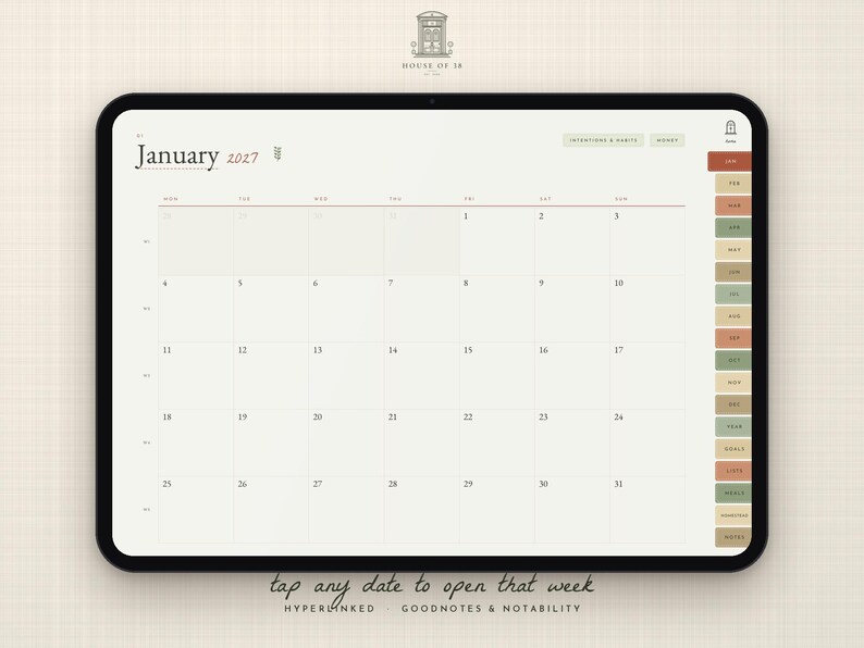 May include: A digital planner displayed on a tablet screen showing a January 2027 calendar grid. The interface features a sidebar with colored tabs for months and sections, with the text House of 18 at the top and tap any date to open that week at the bottom.