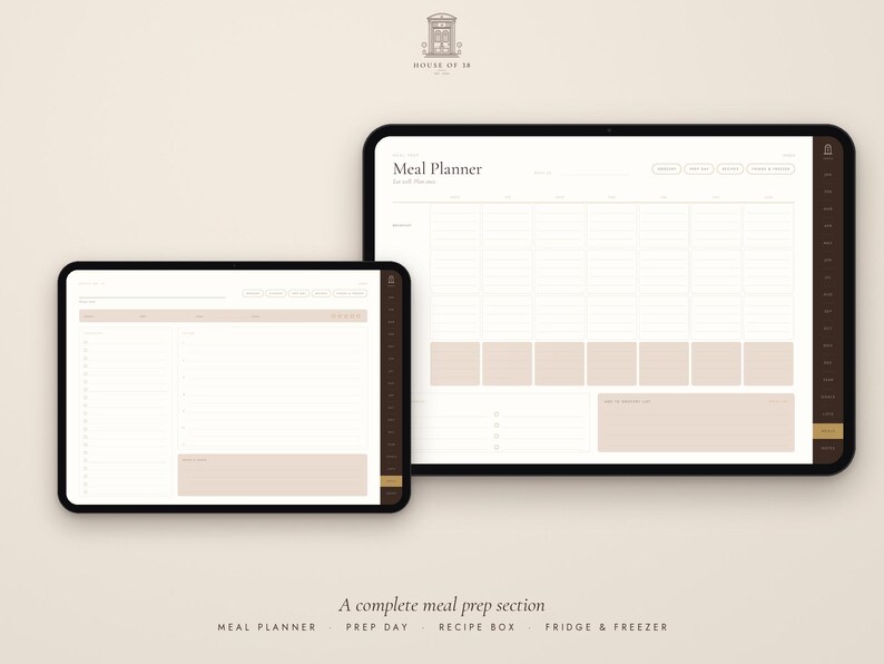 Puede incluir: Dos tabletas digitales que muestran una interfaz de planificador de comidas con un esquema de color beige claro y blanco. Las pantallas presentan cuadr&iacute;culas organizadas y etiquetas de texto como Meal Planner, Prep Day, Recipe Box y Fridge & Freezer.