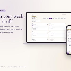 K&ouml;nnte beinhalten: Eine digitale Planer-Oberfl&auml;che auf einem Laptop-Bildschirm und einem Smartphone. Der Bildschirm zeigt Wochenseiten mit Aufgabenlisten, Priorit&auml;ten und Kalenderansichten. Der Text lautet 'Plan your week, tick it off' und 'House of 38'.