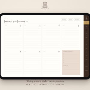 Puede incluir: Un planificador semanal digital en la pantalla de una tableta, que muestra las fechas del 4 al 10 de enero. La interfaz presenta secciones diarias con l&iacute;neas, una lista de prioridades y una barra lateral con pesta&ntilde;as de navegaci&oacute;n.