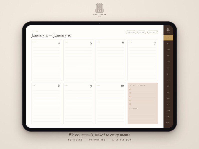 Puede incluir: Un planificador semanal digital en la pantalla de una tableta, que muestra las fechas del 4 al 10 de enero. La interfaz presenta secciones diarias con l&iacute;neas, una lista de prioridades y una barra lateral con pesta&ntilde;as de navegaci&oacute;n.