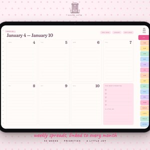 May include: A digital weekly planner displayed on a tablet screen, showing the dates January 4 through January 10. The layout includes lined daily sections, a pink priorities box, and a vertical sidebar with colorful monthly tabs.