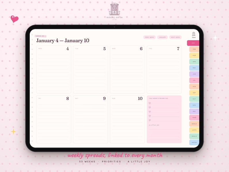 May include: A digital weekly planner displayed on a tablet screen, showing the dates January 4 through January 10. The layout includes lined daily sections, a pink priorities box, and a vertical sidebar with colorful monthly tabs.