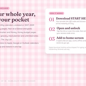 Może przedstawiać: Infografika cyfrowego planera na jasnor&oacute;żowym tle w kratkę gingham. Tekst zawiera 'Your whole year, in your pocket', 'WHAT'S INCLUDED' oraz 'HOW IT WORKS' z krokami 01, 02 i 03 szczeg&oacute;łowo opisującymi instrukcje pobierania i instalacji.