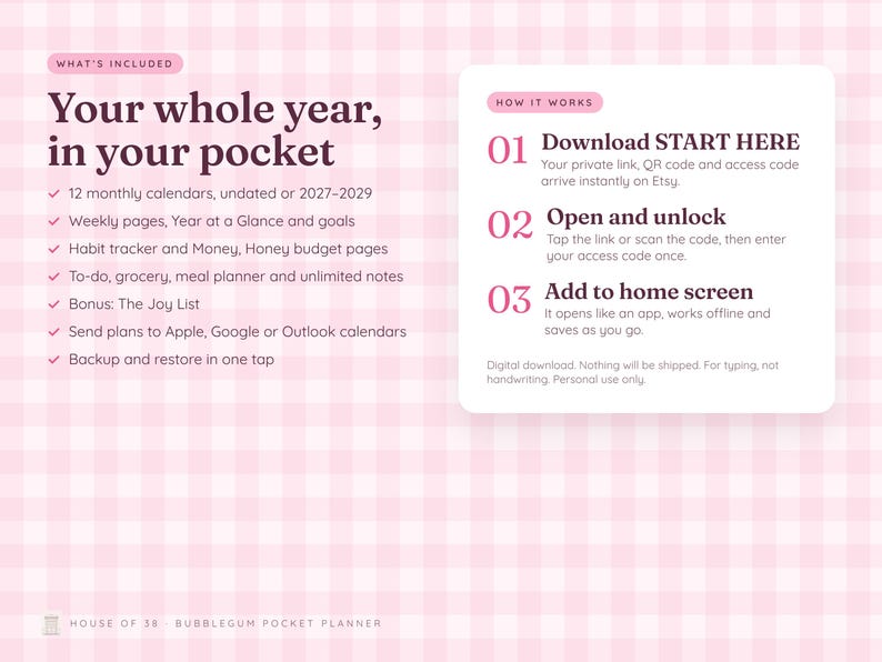 Może przedstawiać: Infografika cyfrowego planera na jasnor&oacute;żowym tle w kratkę gingham. Tekst zawiera 'Your whole year, in your pocket', 'WHAT'S INCLUDED' oraz 'HOW IT WORKS' z krokami 01, 02 i 03 szczeg&oacute;łowo opisującymi instrukcje pobierania i instalacji.