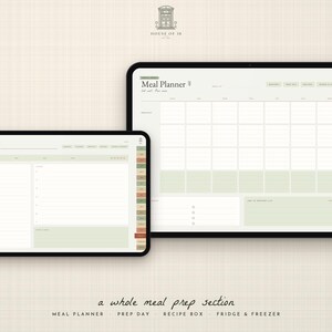 May include: Two digital tablets displaying a meal planner interface with a light green and cream color scheme. The screens feature a weekly calendar grid, a grocery list, and a sidebar with tabbed navigation labeled with various meal prep categories.