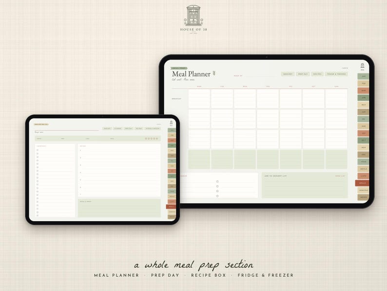 May include: Two digital tablets displaying a meal planner interface with a light green and cream color scheme. The screens feature a weekly calendar grid, a grocery list, and a sidebar with tabbed navigation labeled with various meal prep categories.