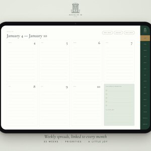 May include: A digital weekly planner displayed on a tablet screen, featuring a layout for January 4 through January 10. The interface includes lined daily sections, a priorities checklist, and a sidebar with monthly navigation tabs in dark green.