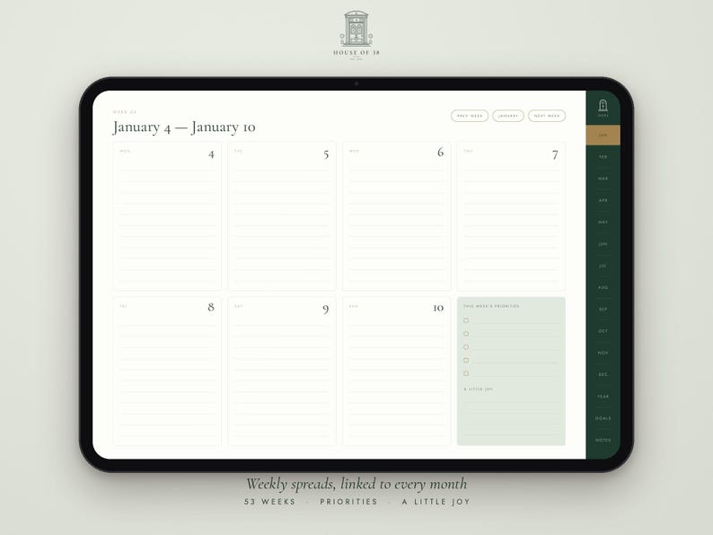 May include: A digital weekly planner displayed on a tablet screen, featuring a layout for January 4 through January 10. The interface includes lined daily sections, a priorities checklist, and a sidebar with monthly navigation tabs in dark green.