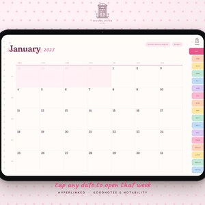 May include: A digital tablet displaying a January 2027 monthly calendar planner interface. The screen features a grid layout with numbered dates, a sidebar with colorful month tabs, and text including January 2027, Intentions & Habits, and Index.