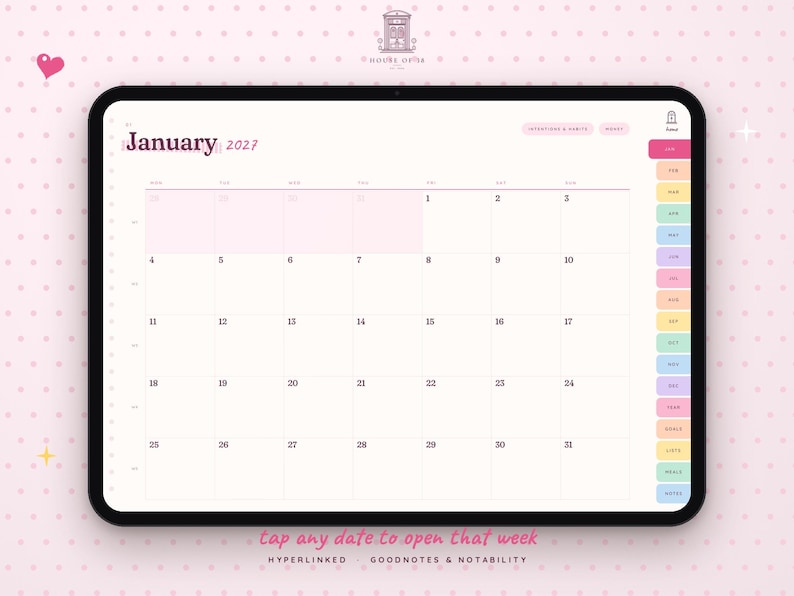 May include: A digital tablet displaying a January 2027 monthly calendar planner interface. The screen features a grid layout with numbered dates, a sidebar with colorful month tabs, and text including January 2027, Intentions & Habits, and Index.