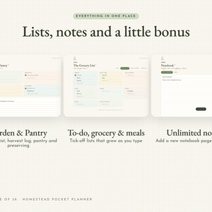 May include: A digital planner interface titled Lists, notes and a little bonus, featuring three sections: Garden & Pantry, The Grocery List, and Notebook. The layout includes pastel-colored boxes for organization and text fields.