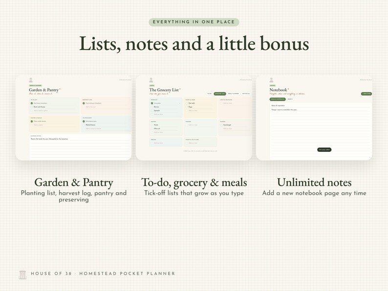 May include: A digital planner interface titled Lists, notes and a little bonus, featuring three sections: Garden & Pantry, The Grocery List, and Notebook. The layout includes pastel-colored boxes for organization and text fields.