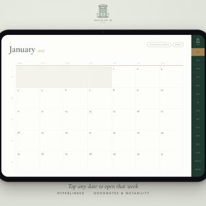 May include: A digital tablet displaying a January 2027 calendar interface with a white background, black text, and a dark green sidebar containing month navigation. The layout includes a grid for dates and top buttons labeled Intentions & Habits and Index.