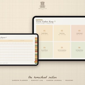 Pu&ograve; includere: Due tablet digitali che mostrano un'interfaccia di pianificazione del giardino. Lo schermo pi&ugrave; grande mostra sei sezioni numerate da 01 a 06 con il testo Grow. Gather. Keep. Lo schermo pi&ugrave; piccolo mostra un layout a tabella dettagliato.