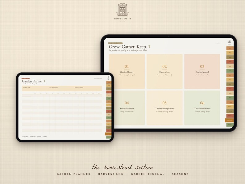 Pu&ograve; includere: Due tablet digitali che mostrano un'interfaccia di pianificazione del giardino. Lo schermo pi&ugrave; grande mostra sei sezioni numerate da 01 a 06 con il testo Grow. Gather. Keep. Lo schermo pi&ugrave; piccolo mostra un layout a tabella dettagliato.