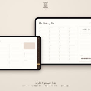 Puede incluir: Dos tabletas digitales que muestran planificadores de productividad. La pantalla m&aacute;s peque&ntilde;a muestra una lista de tareas con una secci&oacute;n de notas. La pantalla m&aacute;s grande muestra una lista de la compra con columnas y un recibo con c&oacute;digo de barras.