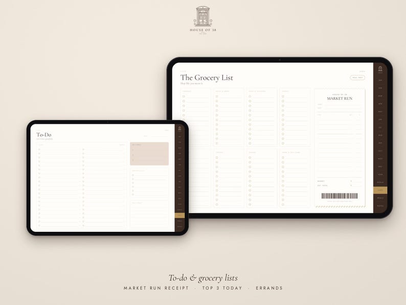 Puede incluir: Dos tabletas digitales que muestran planificadores de productividad. La pantalla m&aacute;s peque&ntilde;a muestra una lista de tareas con una secci&oacute;n de notas. La pantalla m&aacute;s grande muestra una lista de la compra con columnas y un recibo con c&oacute;digo de barras.
