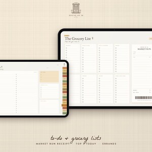 Pu&ograve; includere: Due tablet digitali che mostrano modelli organizzativi. Lo schermo pi&ugrave; piccolo mostra una lista di cose da fare, mentre quello pi&ugrave; grande presenta una lista della spesa con sezioni e un modello di ricevuta Market Run con un codice a barre.