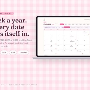 Może przedstawiać: Cyfrowy planer wyświetlony na ekranie laptopa z interfejsem kalendarza na styczeń. Tekst głosi: Your year, your way. Pick a year. Every date fills itself in. Choose 2027, 2028 or 2029 and tap Save my calendar. Or keep it undated.