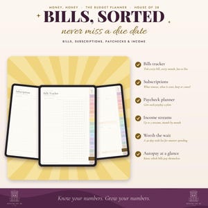 Op de afbeelding: Een digitale budgetplanner getiteld Bills, Sorted met de ondertitel never miss a due date. De planner bevat secties voor rekeningen, abonnementen, salaris en inkomen, weergegeven op drie tabletschermen tegen een gele achtergrond.
