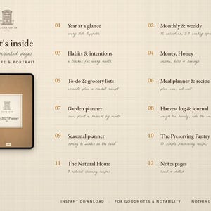 Pu&ograve; includere: Un'interfaccia di pianificatore digitale su sfondo a griglia beige con 142 pagine con collegamento ipertestuale. Il testo elenca 12 sezioni, tra cui Year at a glance, Monthly & weekly, Habits & intentions, Money, Honey, To-do & grocery lists.