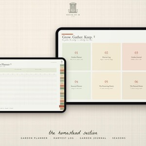 May include: Two digital tablets displaying a garden planner interface. The larger screen shows a dashboard titled Grow. Gather. Keep. with six numbered sections. The smaller screen displays a detailed garden planner table with columns.