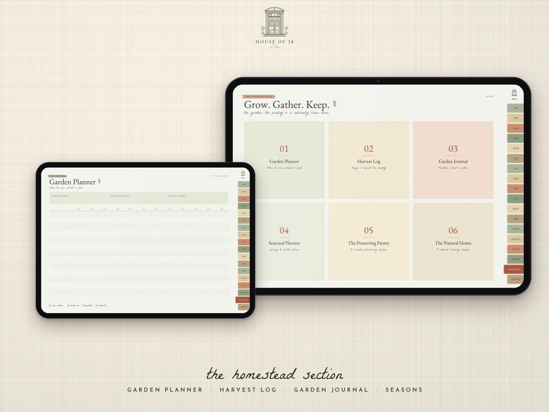 May include: Two digital tablets displaying a garden planner interface. The larger screen shows a dashboard titled Grow. Gather. Keep. with six numbered sections. The smaller screen displays a detailed garden planner table with columns.