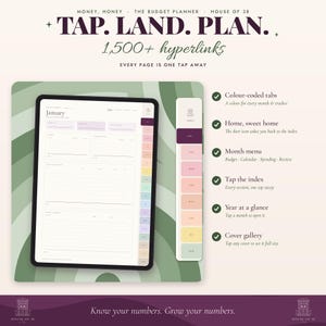 Op de afbeelding: Een digitale budgetplanner weergegeven op een tabletscherm met de tekst TAP. LAND. PLAN. 1.500+ hyperlinks. De interface bevat kleurgecodeerde tabbladen, een maandmenu en een index. De tekst luidt: Know your numbers. Grow your numbers.