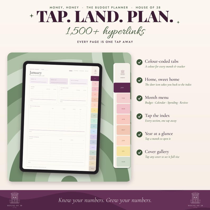 Op de afbeelding: Een digitale budgetplanner weergegeven op een tabletscherm met de tekst TAP. LAND. PLAN. 1.500+ hyperlinks. De interface bevat kleurgecodeerde tabbladen, een maandmenu en een index. De tekst luidt: Know your numbers. Grow your numbers.