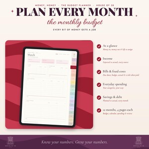 Op de afbeelding: Een digitale budgetplanner op een tabletscherm met de tekst Plan Every Month, Money Honey, The Budget Planner, House of 38 en Every bit of money gets a job. De interface bevat secties voor inkomsten, vaste lasten en besparingen.
