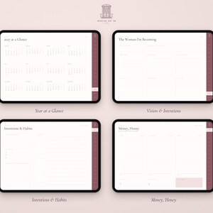 May include: Four digital tablet screens displaying planner pages with a light background and dark text. The pages are titled 2027 at a Glance, The Woman I'm Becoming, Intentions & Habits, and Money, Honey. Each screen features a dark sidebar tab.