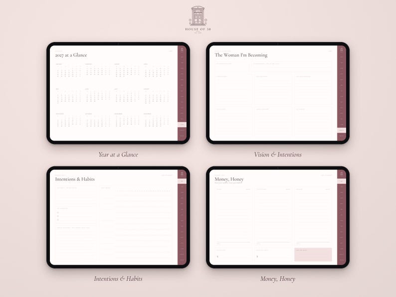 May include: Four digital tablet screens displaying planner pages with a light background and dark text. The pages are titled 2027 at a Glance, The Woman I'm Becoming, Intentions & Habits, and Money, Honey. Each screen features a dark sidebar tab.