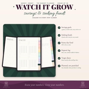 Op de afbeelding: Een digitale budgetplanner getiteld Money, Honey, The Budget Planner, House of 38, Watch It Grow, Savings & Sinking Funds. De planner bevat pagina's voor spaardoelen, reserveringsfondsen, een noodfonds en een stortingslogboek.