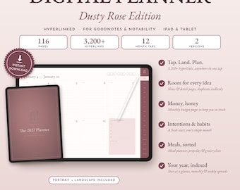 Puede incluir: Una agenda digital Dusty Rose Edition con 116 páginas, 3.200+ hipervínculos y 12 pestañas mensuales. La pantalla muestra una tableta con un calendario semanal y un lápiz óptico. El texto incluye The 2027 Planner, House of 38 y Portrait + Landscape Included.