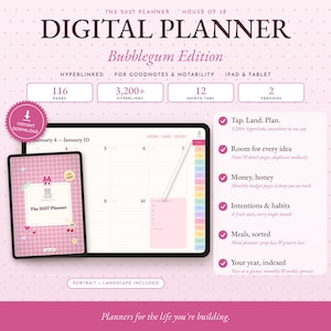 May include: A digital planner titled The 2027 Planner Bubblegum Edition, featuring 116 pages, 3,200+ hyperlinks, 12 month tabs, and 2 versions. The display shows a weekly calendar layout on a tablet screen with a stylus and a pink gingham cover.