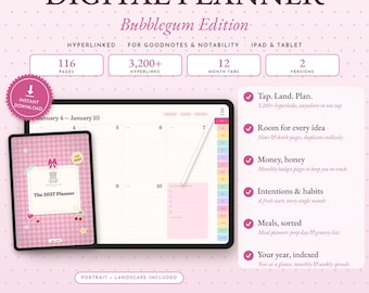 Może przedstawiać: Cyfrowy planer zatytułowany The 2027 Planner Bubblegum Edition, zawierający 116 stron, 3200+ hiperłączy, 12 zakładek miesięcznych i 2 wersje. Ekran pokazuje układ kalendarza tygodniowego na tablecie z rysikiem oraz różową okładkę w kratkę.