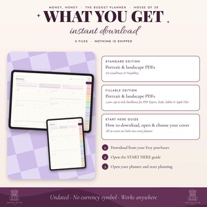 Op de afbeelding: Een digitale budgetplanner getiteld Money, Honey, The Budget Planner van House of 38. De afbeelding toont twee tabletschermen met planner-lay-outs, met tekst die vijf bestanden beschrijft, inclusief standaard en invulbare PDF-edities.