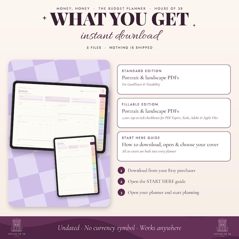 Op de afbeelding: Een digitale budgetplanner getiteld Money, Honey, The Budget Planner van House of 38. De afbeelding toont twee tabletschermen met planner-lay-outs, met tekst die vijf bestanden beschrijft, inclusief standaard en invulbare PDF-edities.