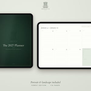 May include: A digital planner displayed on two tablets, one in portrait and one in landscape orientation. The dark green cover features the text The 2027 Planner. The landscape view shows a weekly layout for January 4 to January 10.