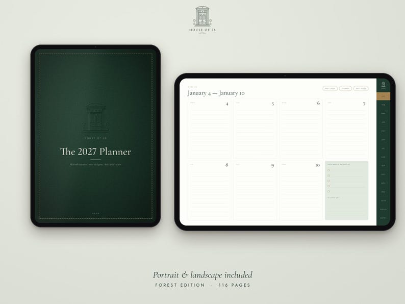 May include: A digital planner displayed on two tablets, one in portrait and one in landscape orientation. The dark green cover features the text The 2027 Planner. The landscape view shows a weekly layout for January 4 to January 10.
