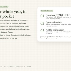 May include: A digital planner information graphic on a grid background. The text reads: Your whole year, in your pocket, What's Included, How it Works, 01 Download START HERE, 02 Open and unlock, 03 Add to home screen, and House of 38 Homestead Pocket Planner.