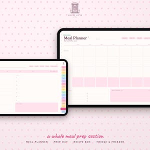 May include: Two digital tablets displaying a meal planner interface with a light pink color scheme. The screens feature grids, checklists, and tabs labeled with text including Meal Planner, Prep Day, Recipe Box, and Fridge & Freezer.
