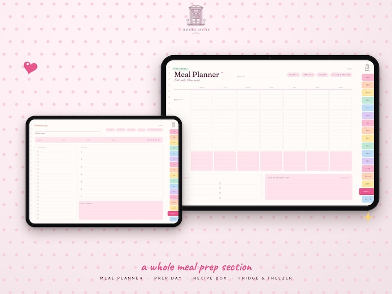 May include: Two digital tablets displaying a meal planner interface with a light pink color scheme. The screens feature grids, checklists, and tabs labeled with text including Meal Planner, Prep Day, Recipe Box, and Fridge & Freezer.