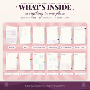 Op de afbeelding: Een digitale budgetplanner getiteld Money, Honey met 68 plannerpagina's, 20 omslagpagina's en 1 omslaggalerij. De weergave toont twaalf verschillende paginalay-outs, waaronder welkom, index, financieel overzicht en factuurtracker.