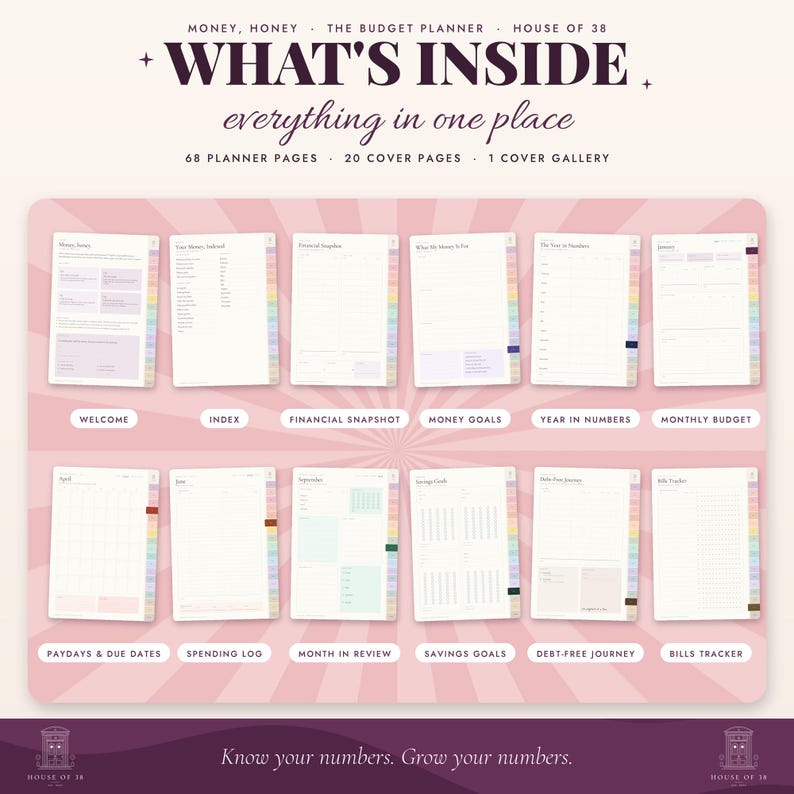 Op de afbeelding: Een digitale budgetplanner getiteld Money, Honey met 68 plannerpagina's, 20 omslagpagina's en 1 omslaggalerij. De weergave toont twaalf verschillende paginalay-outs, waaronder welkom, index, financieel overzicht en factuurtracker.