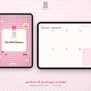 May include: A digital planner in portrait and landscape orientations with a pink gingham cover featuring stickers of a bow, cherries, and stars. The cover text reads The 2027 Planner. The landscape view shows a weekly layout for January 4 to 10.