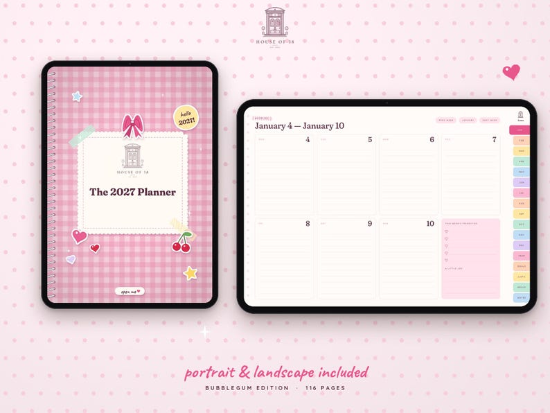 May include: A digital planner in portrait and landscape orientations with a pink gingham cover featuring stickers of a bow, cherries, and stars. The cover text reads The 2027 Planner. The landscape view shows a weekly layout for January 4 to 10.