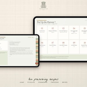 May include: Two digital tablets displaying a recipe planner titled Put Up the Harvest. The screen shows a numbered list of ten preserving recipes including Strawberry Jam, Dilly Pickles, and Applesauce, with side navigation tabs and text.
